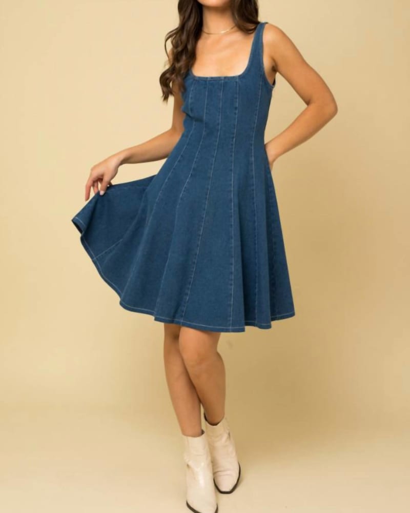 Front of a model wearing a size Large Sleeveless Square Neck Corset Dress In Denim in Denim by Gilli. | dia_product_style_image_id:345620